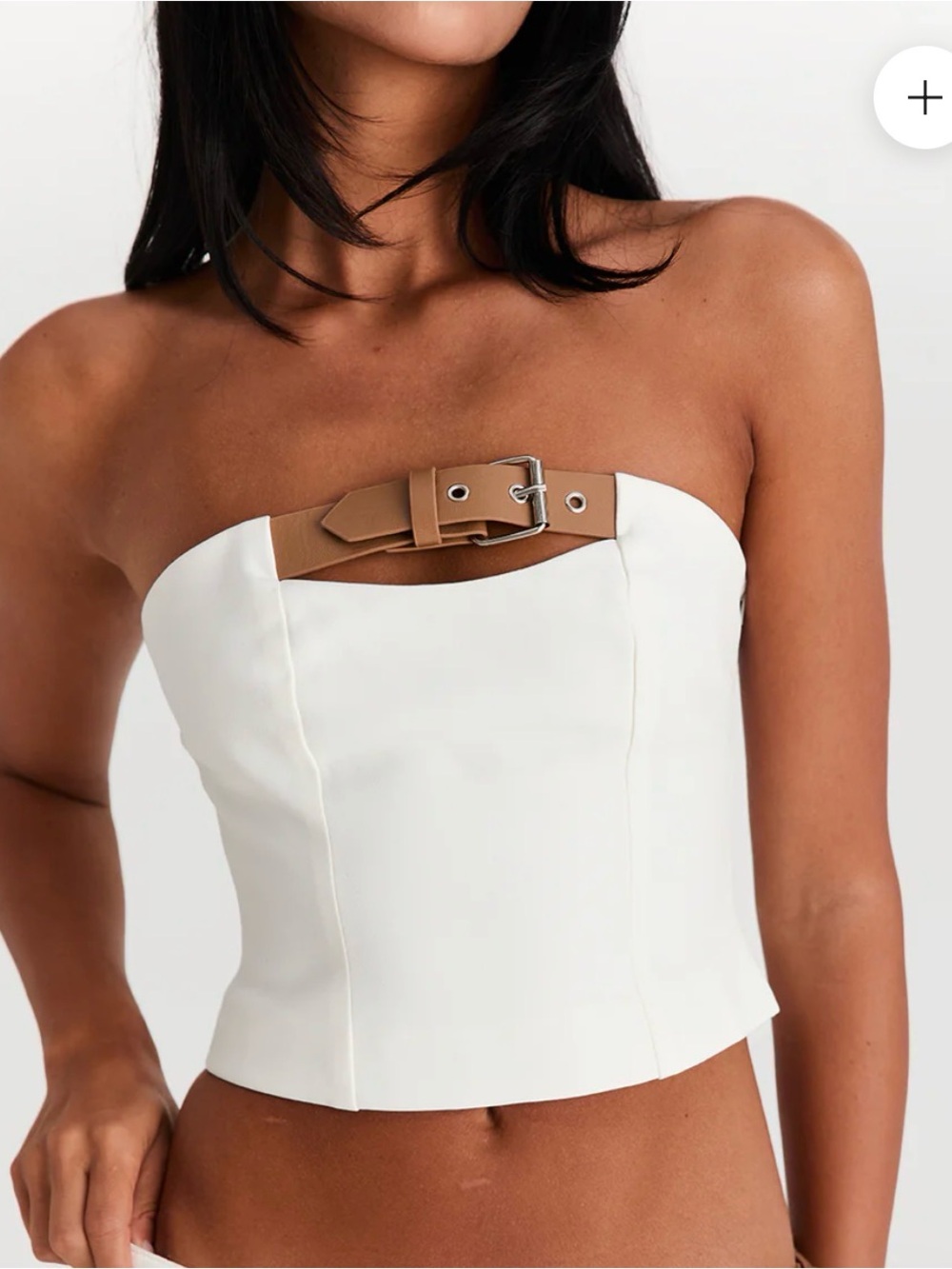 Strapless White Crop Top with Tan Buckle Detail